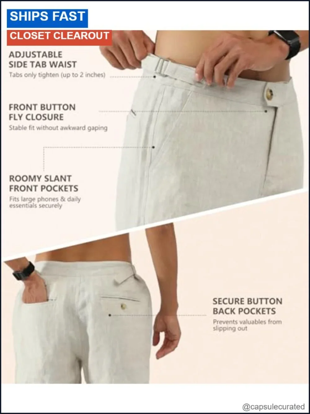 Men's 100% Linen Casual Tapered Pants Side Tab Adjustable